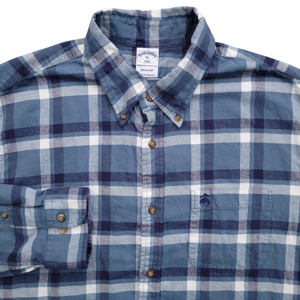 Brooks Brothers Shirt Men XL Regular Fit Flannel Blue White Plaid Button Up Logo